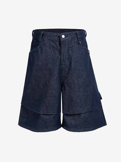 Cotton Denim Men's Oversized Cargo Shorts with Layered Design and Side Pockets 