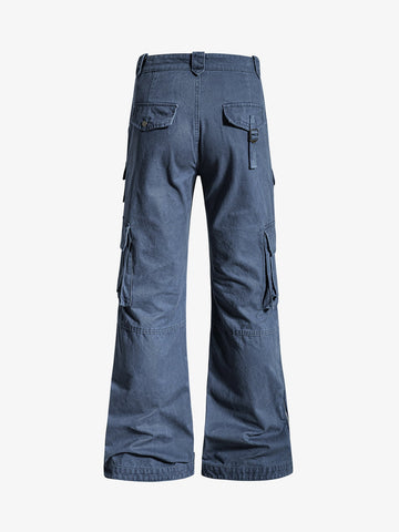 Vintage Washed Multi-Pocket Adjustable Strap Flare Cargo Pants 