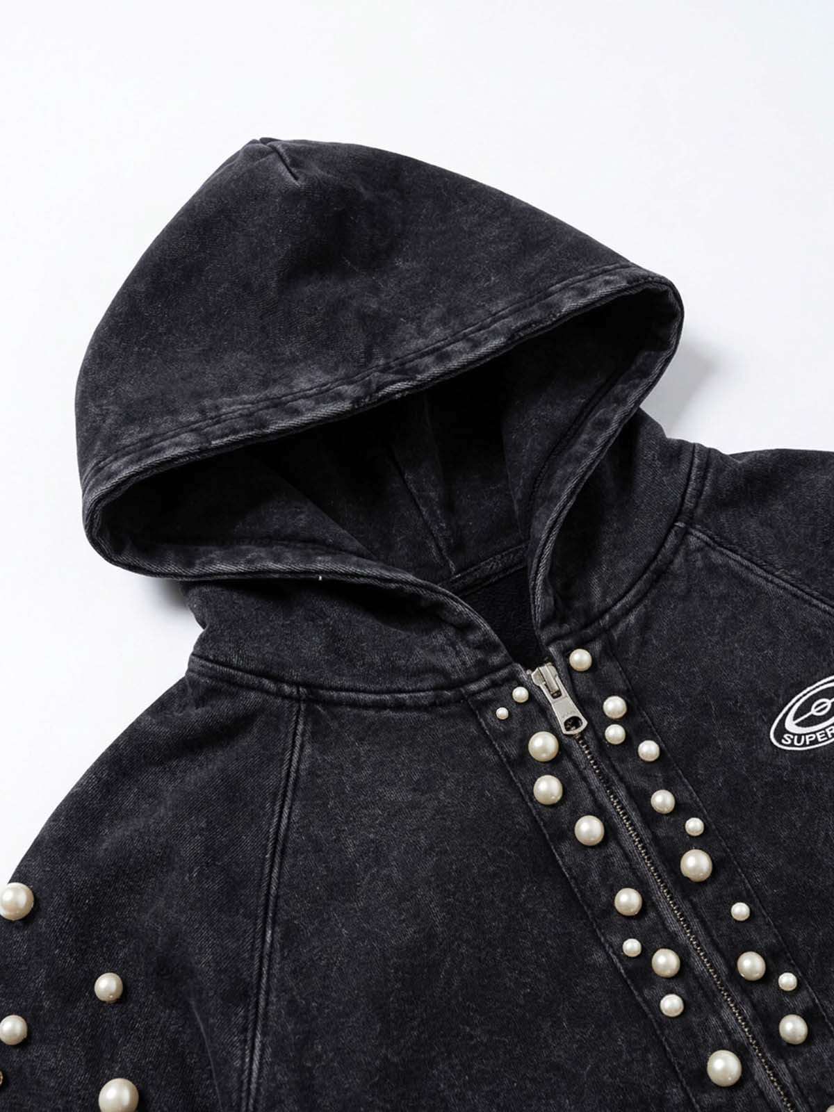 Pearl Studded Washed Distressed Cropped Hoodie