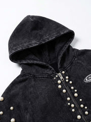Pearl Studded Washed Distressed Cropped Hoodie