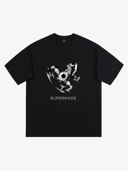 Cotton Oversized T-Shirt with Geometric Heart Print and Supermade Logo 