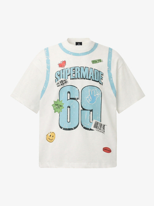 Cotton Oversized Graphic T-Shirt with Vintage Print and Patch Design 