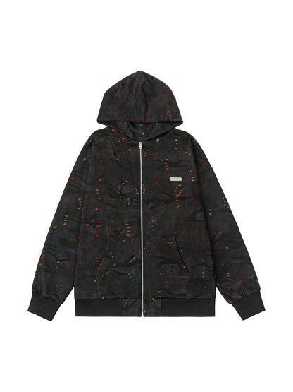 Thesupermade Washed Distressed Zipper Hooded Jacket 