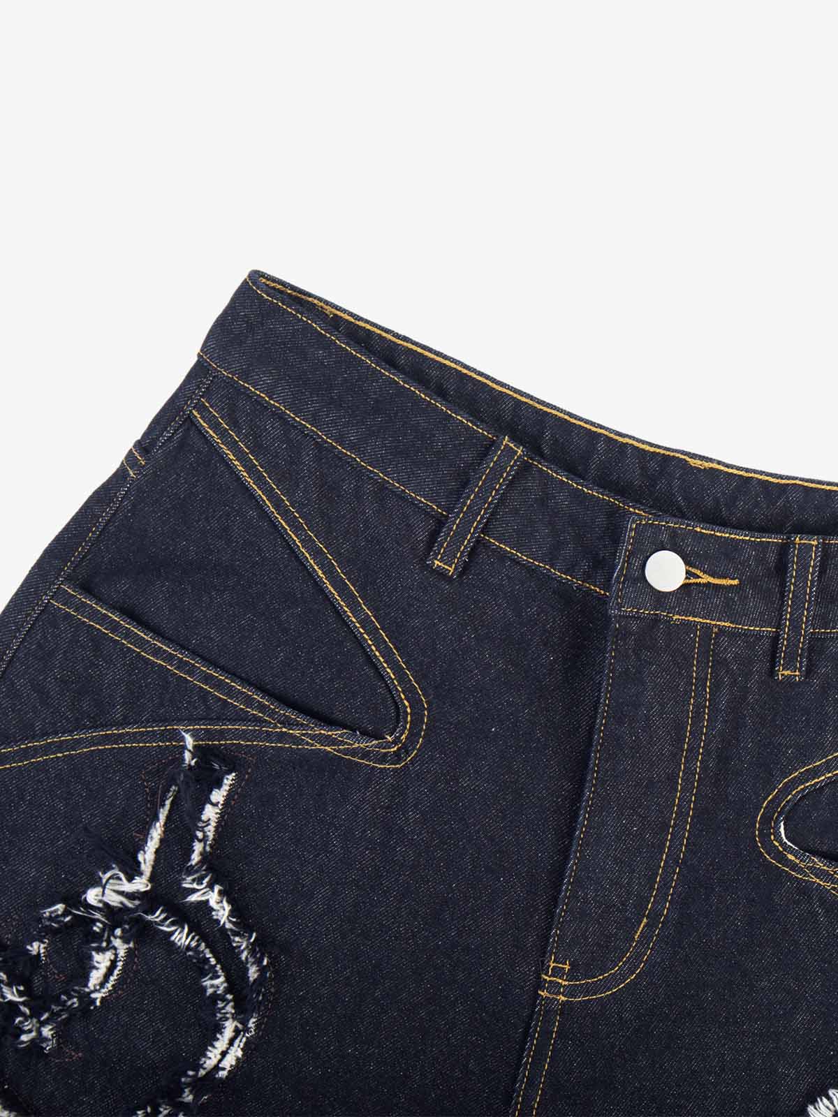 Totem Applique Raw Hem Barrel Baggy Jeans