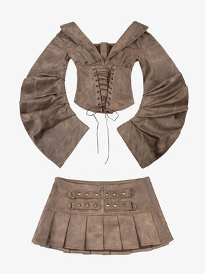 Faux Suede Studded Bell Sleeve Set