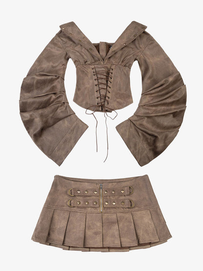 Faux Suede Studded Bell Sleeve Set