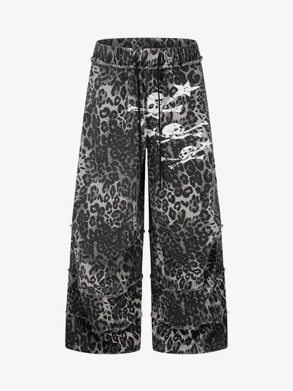 Leopard Print Cropped Pants – Wide-Leg Cotton Blend with Raw Hem