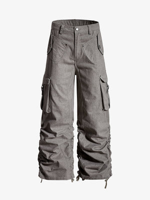 Washed Cotton Multi-Pocket Ruched Cargo Pants 