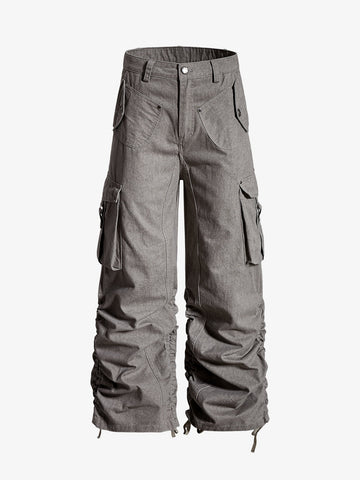 Washed Cotton Multi-Pocket Ruched Cargo Pants 