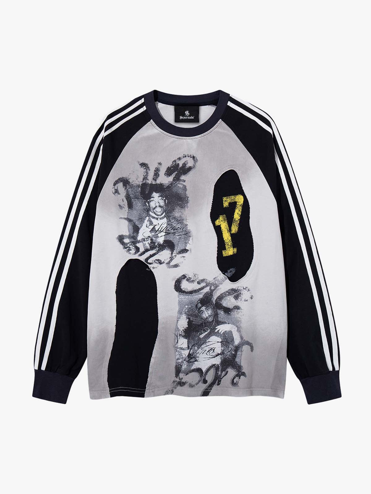 Portrait Graphic Contrast-Stripe Long Sleeve Tee