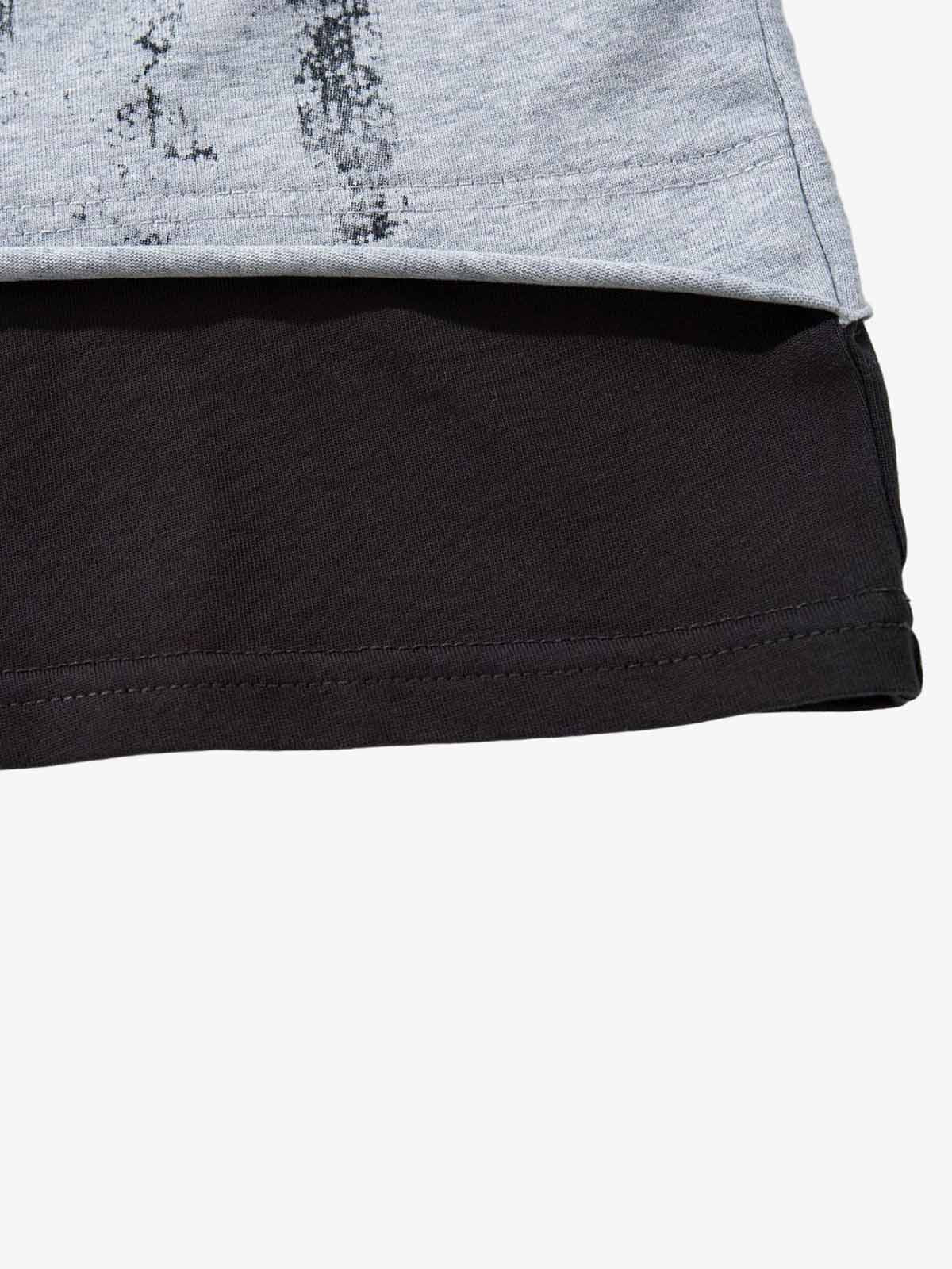 Embroidered Faux-Layered Distressed Moto Long Sleeve Tee