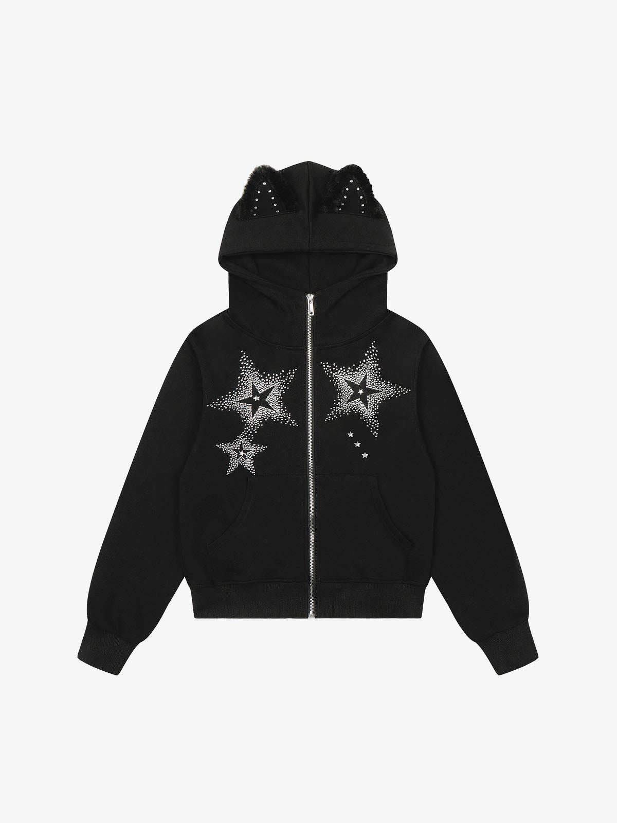 Star Rhinestone Cat Ear Zip-Up Hoodie
