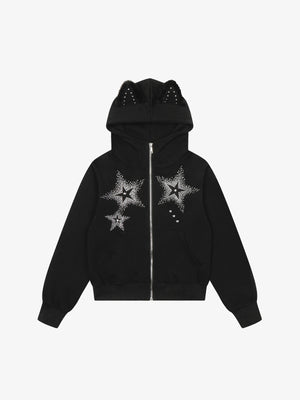 Star Rhinestone Cat Ear Zip-Up Hoodie