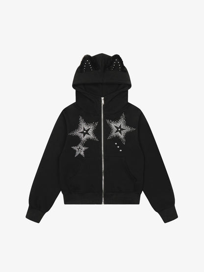 Star Rhinestone Cat Ear Zip-Up Hoodie