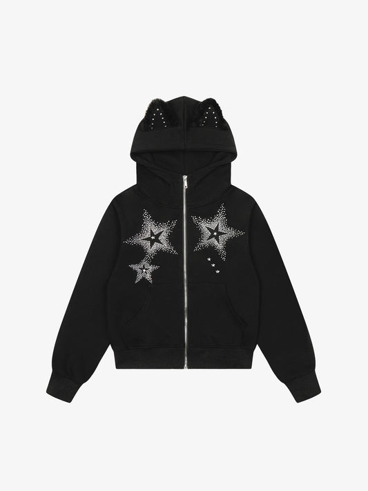 Star Rhinestone Cat Ear Zip-Up Hoodie