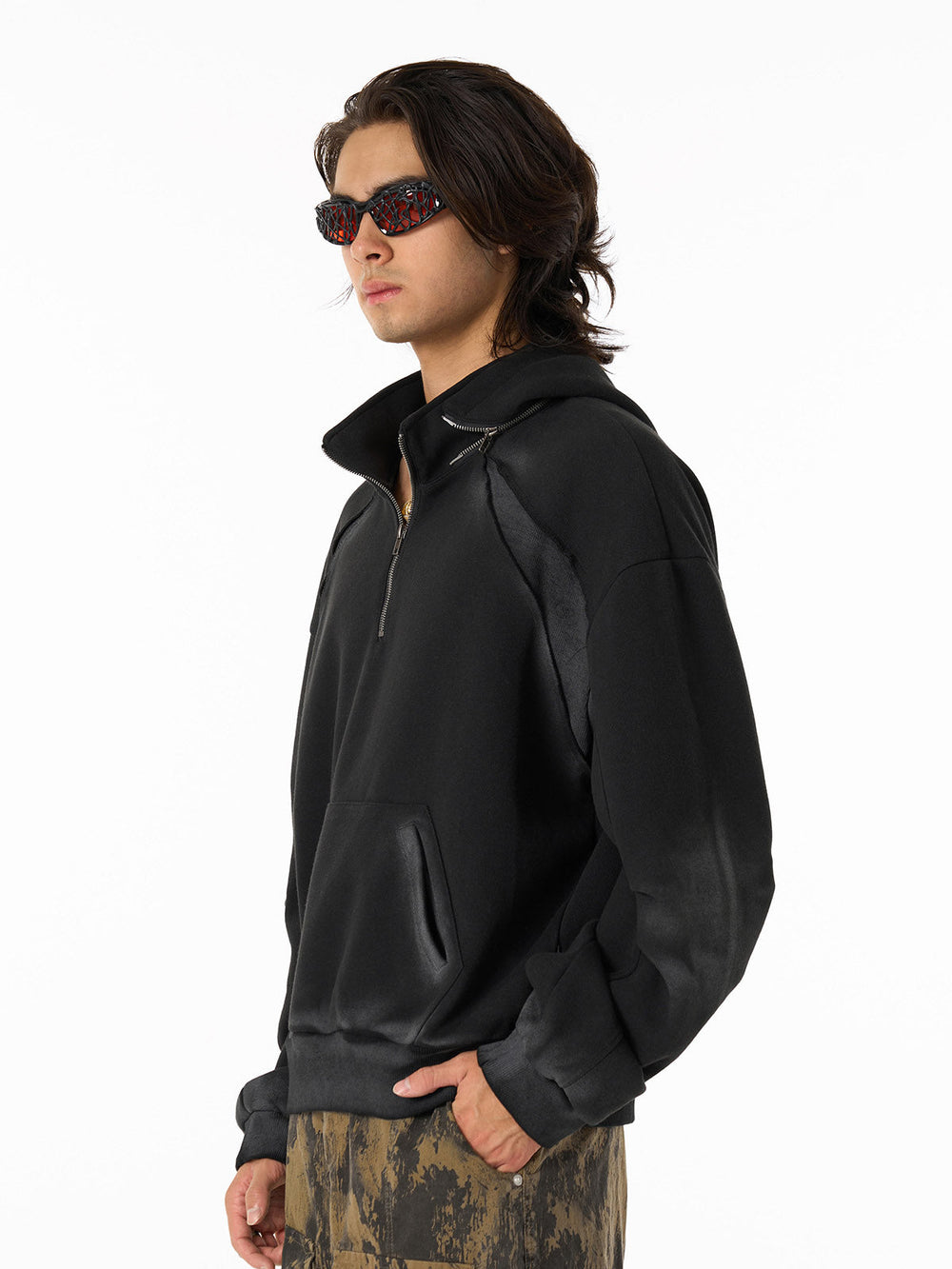 Distressed Stand Collar Stitching Spray Paint Quarter Zip Hoodie 