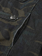 Distressed Camo Snap-Button Stand-Collar Jacket