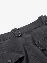 Vintage Washed Multi-Pocket Adjustable Strap Flare Cargo Pants 