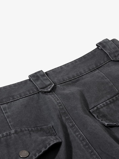 Vintage Washed Multi-Pocket Adjustable Strap Flare Cargo Pants 
