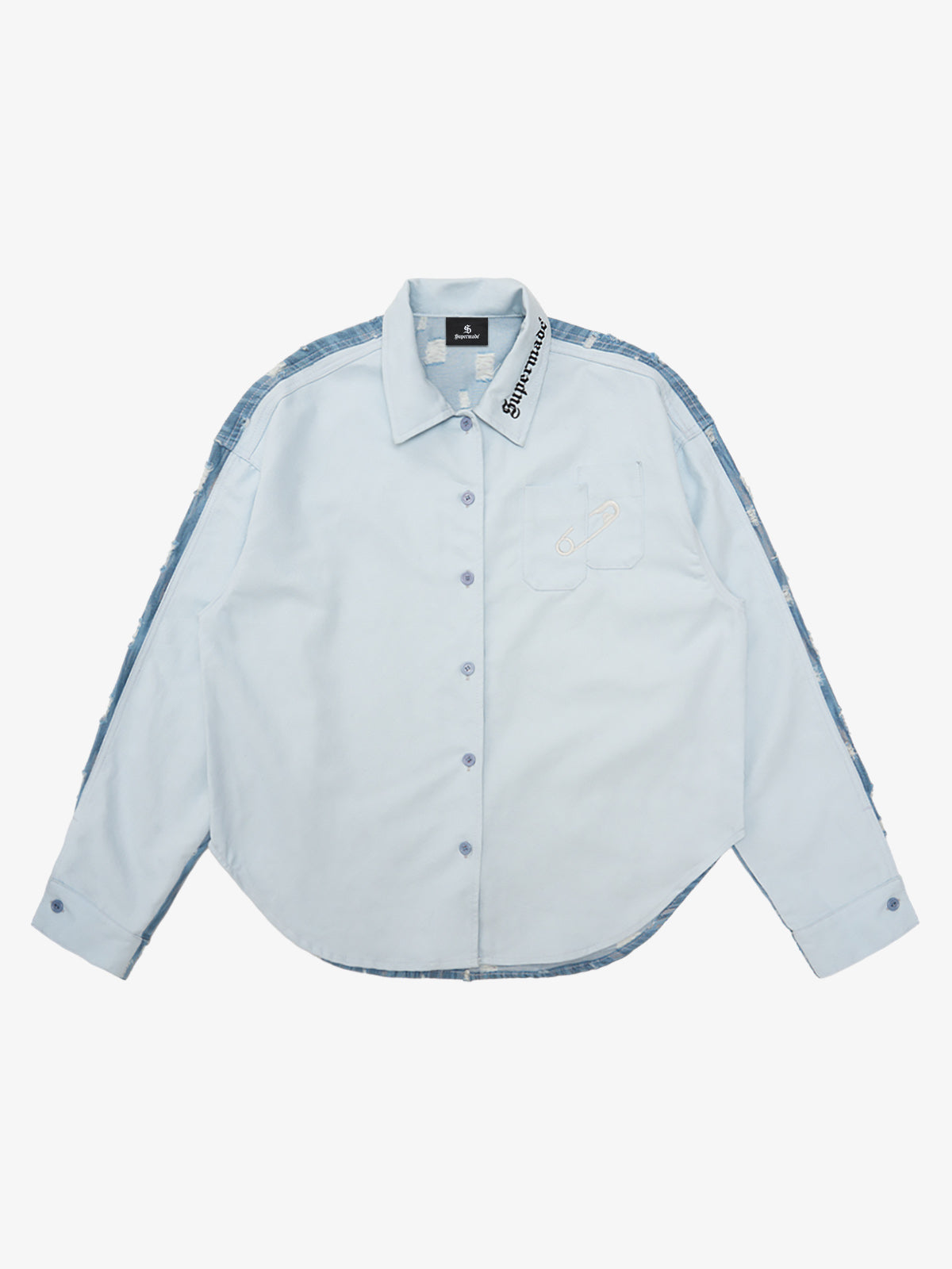 Thesupermade Embroidered pin-fixed pockets - striped batik ripped Denim Shirt 