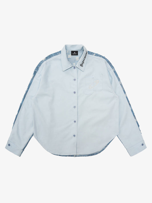 Thesupermade Embroidered pin-fixed pockets - striped batik ripped Denim Shirt 