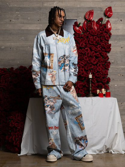 Artistic Denim Jacket and Pants Set - Perfect for Fashion-Forward Streetwear Enthusiasts 
