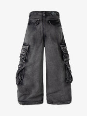 Washed Multi-Pocket Wide-Leg Cargo Jeans