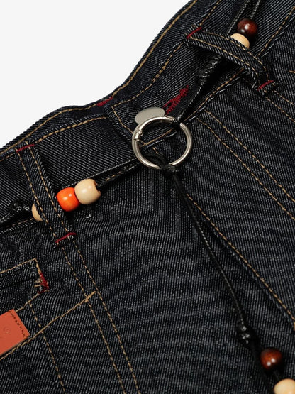 Stylish High-Waisted Denim Trousers with Beaded Drawstring Detail 