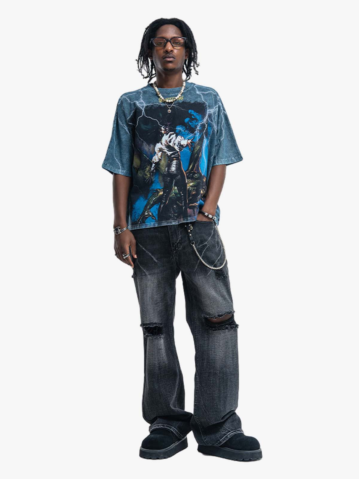 300G Jade Pattern Dyed Cotton T-Shirt with Lightning Graphic Print Oversized Streetwear Tee 