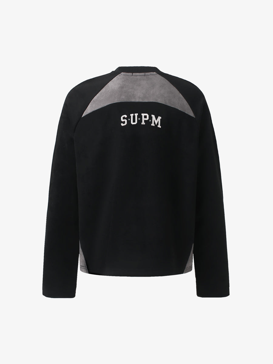 Letter Embroidered Faux Suede Long Sleeve Top