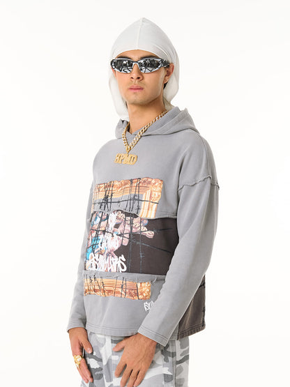 Distressed Hooded Sweatshirt with a Famous Painting of Thorn Destruction 