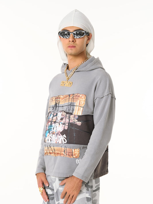Distressed Hooded Sweatshirt with a Famous Painting of Thorn Destruction 