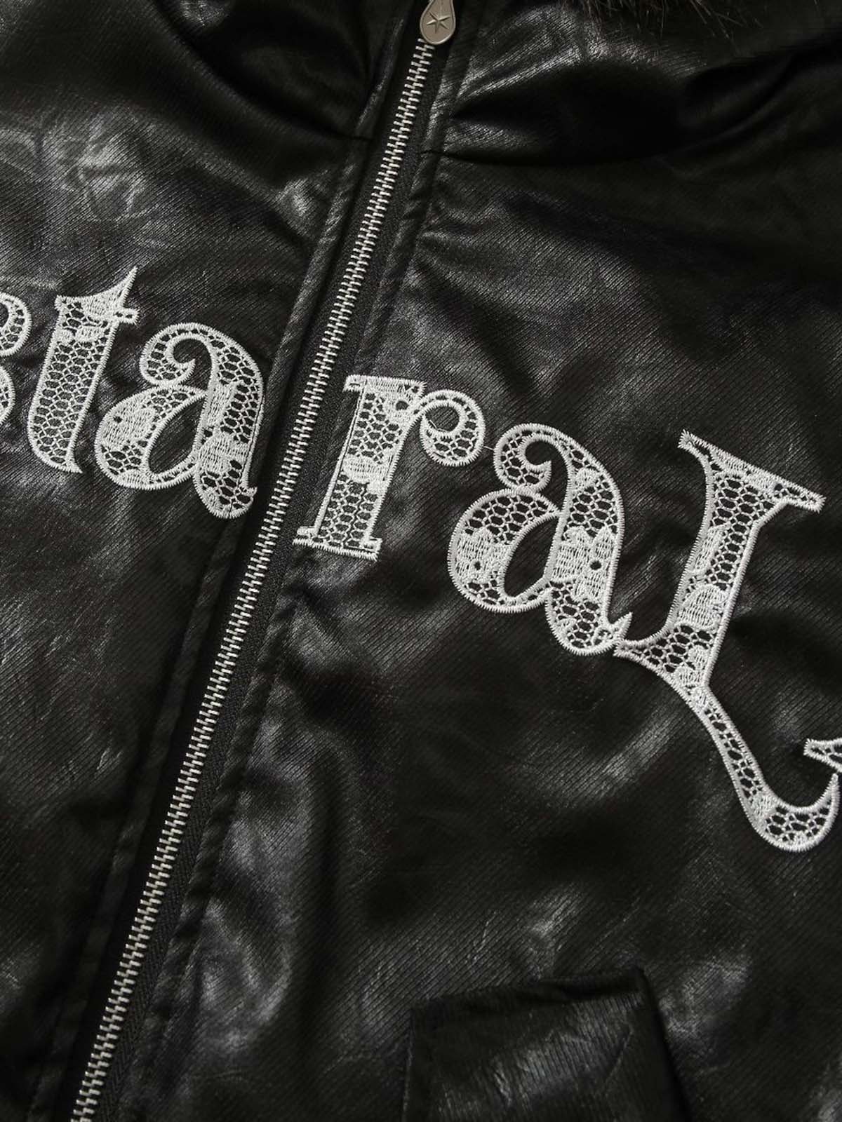 Lace Lettering Fur Hooded Leather Quited Jacket 