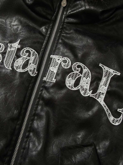 Lace Lettering Fur Hooded Leather Quited Jacket 