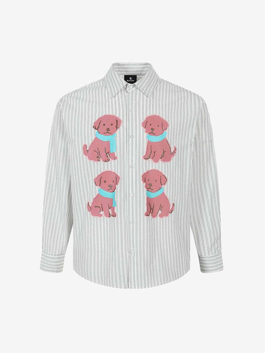 Cotton Pique Dog Print Long Sleeve Shirt for Men - Fun Animal Pattern Casual Button Down Top 