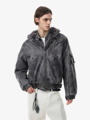 Washed High-Collar Multi-Zip Bomber Coat
