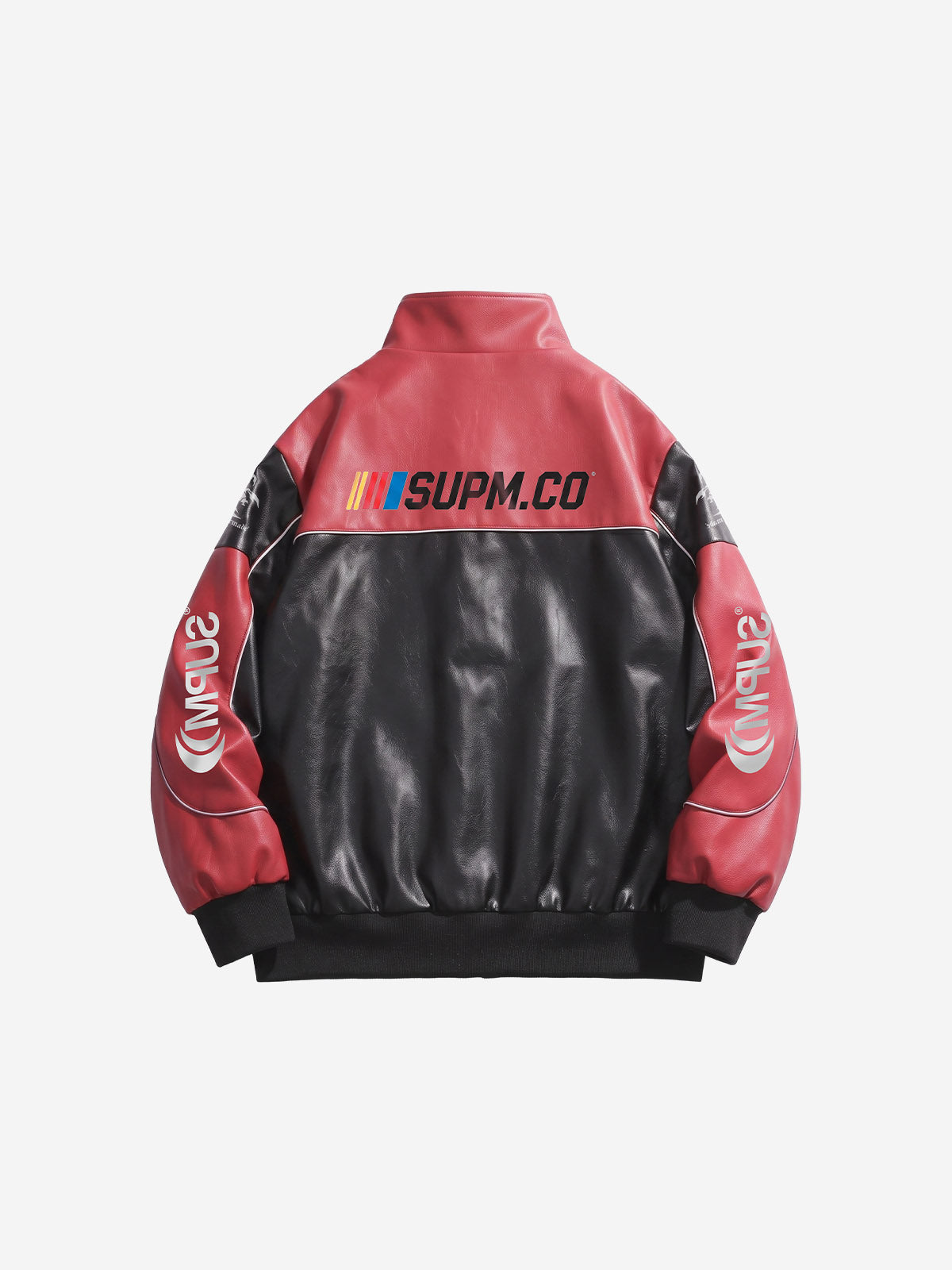 Asymmetric Racing Graphic Color Block Faux Leather Jacket