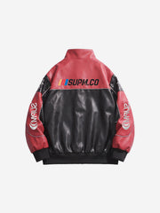 Asymmetric Racing Graphic Color Block Faux Leather Jacket