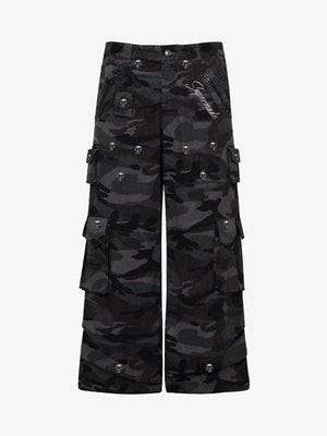 Dark Camo Cargo Pants with Skull Rivet Detail