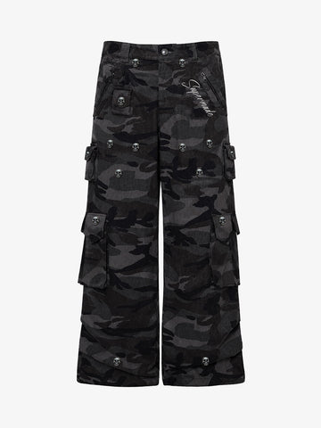 Dark Camo Cargo Pants with Skull Rivet Detail