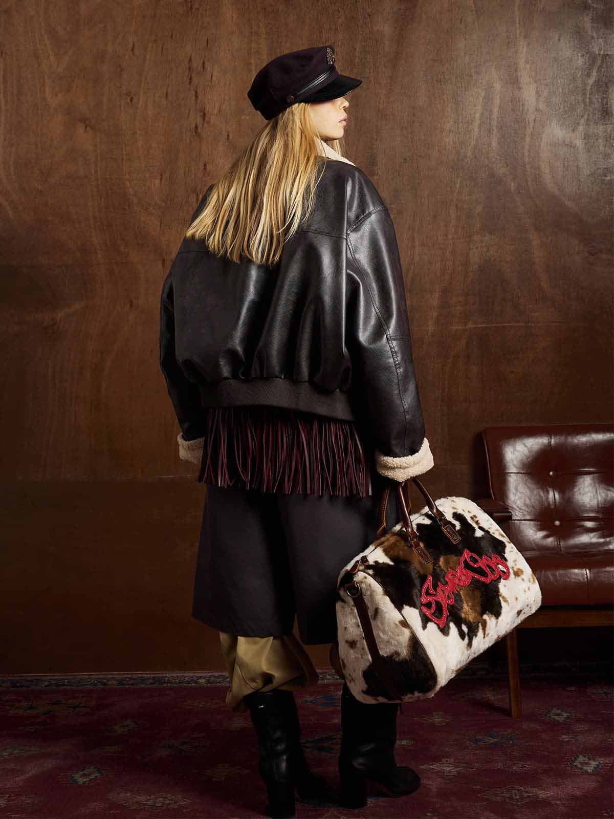 Vintage Shearling Collar Quilted Leather Jacket 