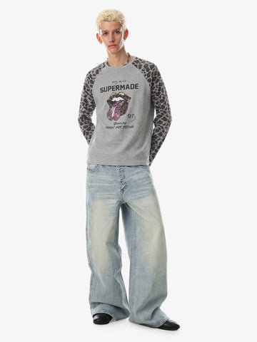 Lip Graphic Leopard Patchwork Waffle Long Sleeve Tee