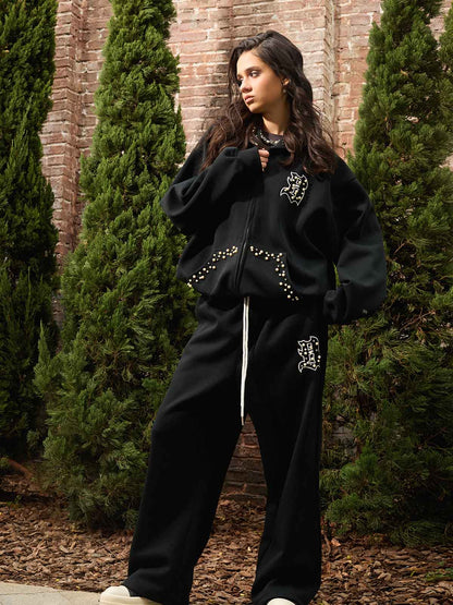 Cotton Blend Embroidered Pearl Detail Track Jacket with Zip Front and Hood 