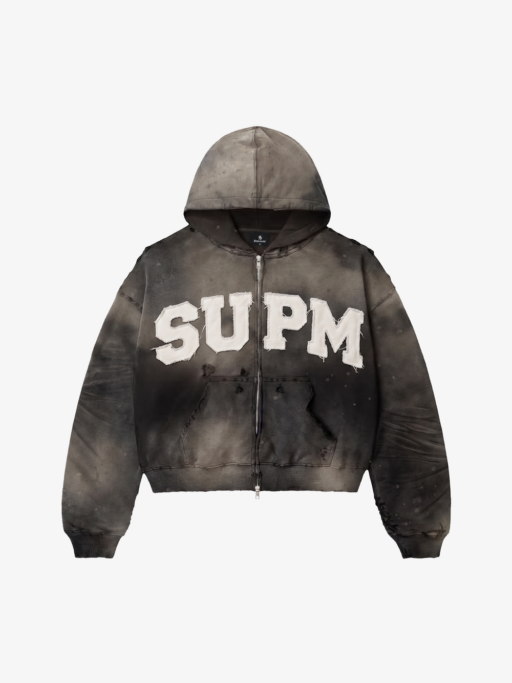 Embroidered Ripped Washed Distressed Zip Hoodie