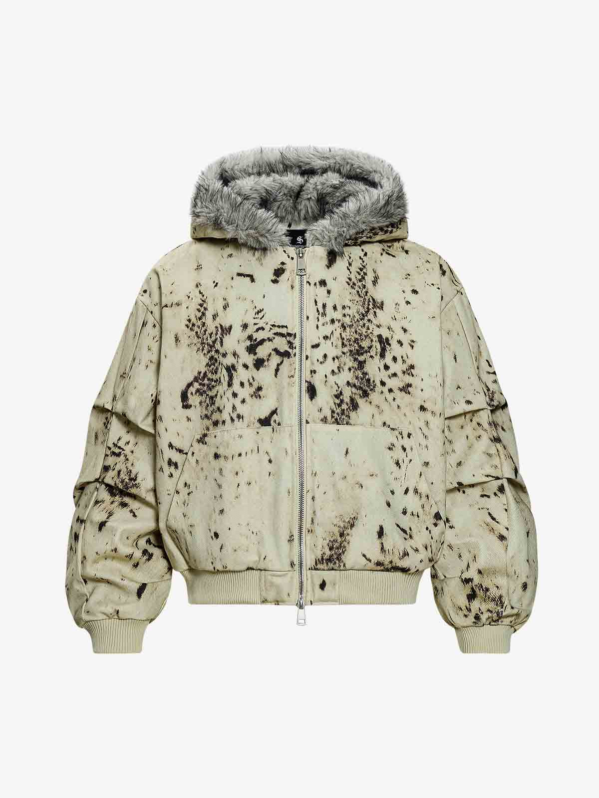 Splatter Print Faux Fur Collar Ruched Sleeve Zip-Up Jacket