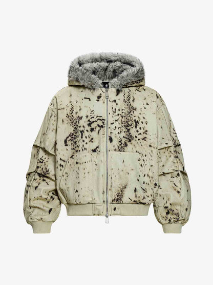 Splatter Print Faux Fur Collar Ruched Sleeve Zip-Up Jacket
