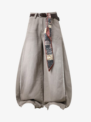 Cotton Wide Leg Pants with Belted Scarf Detail - Comfortable High Waist Culottes for Women 
