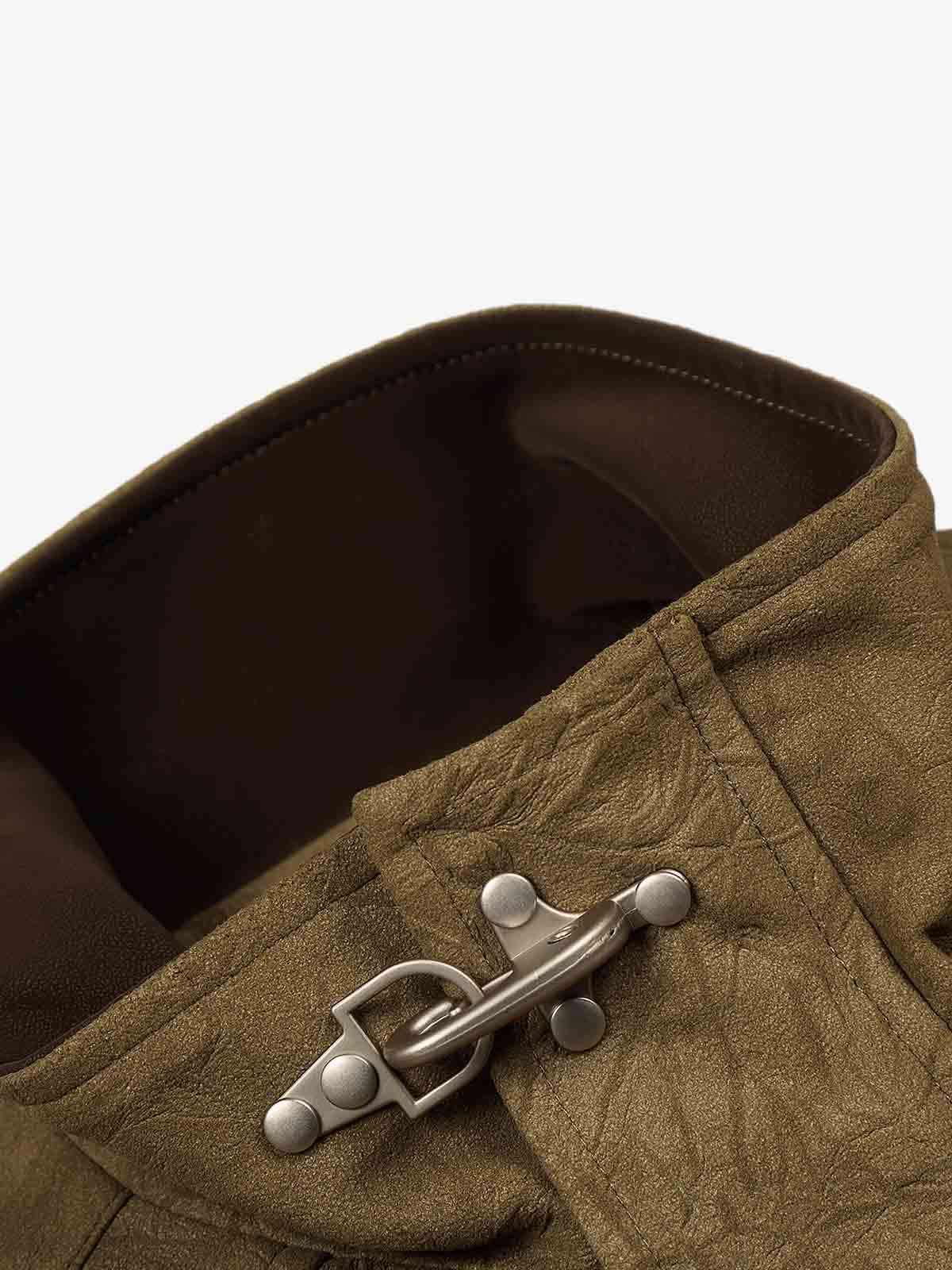 Textured Faux Leather Stand Collar Metal Buckle Jacket