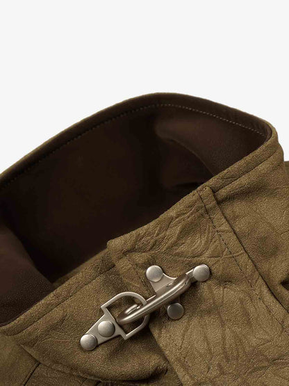 Textured Faux Leather Stand Collar Metal Buckle Jacket