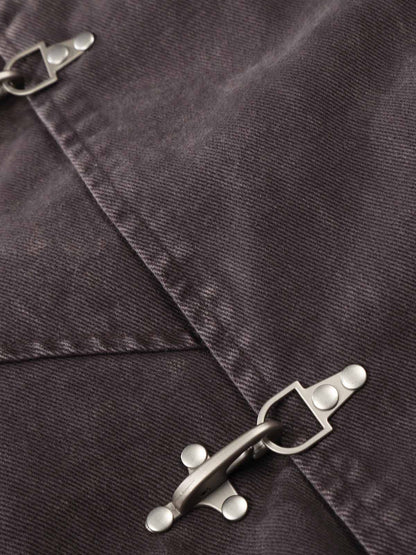 Washed Cotton Hooded Duffle Jacket with Metal Snap Buttons and Ribbed Hem 
